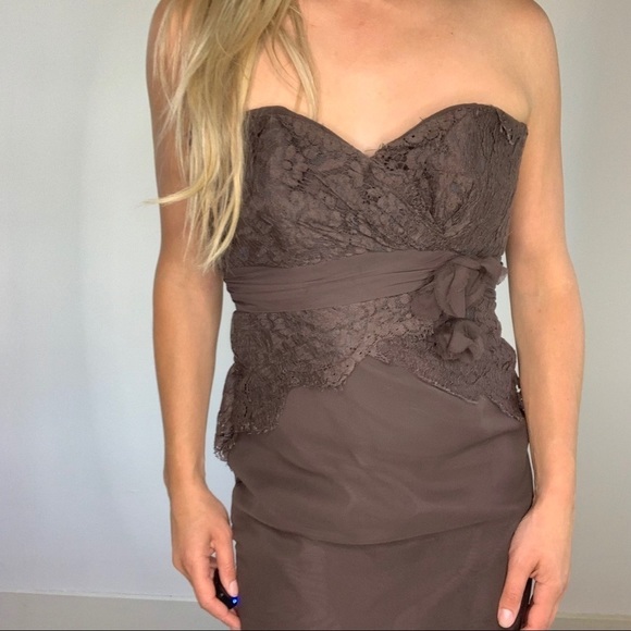 Elegant Strapless Brown Lace Dress - Picture 5 of 14